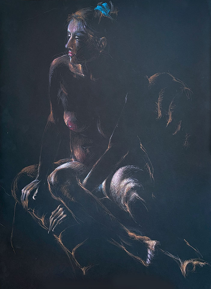 Sitting nude female figure, Black Stonhenge Paper, Coloredo Pencils