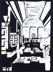 Linoleum cut print: station buffet, Basel, Switzerland