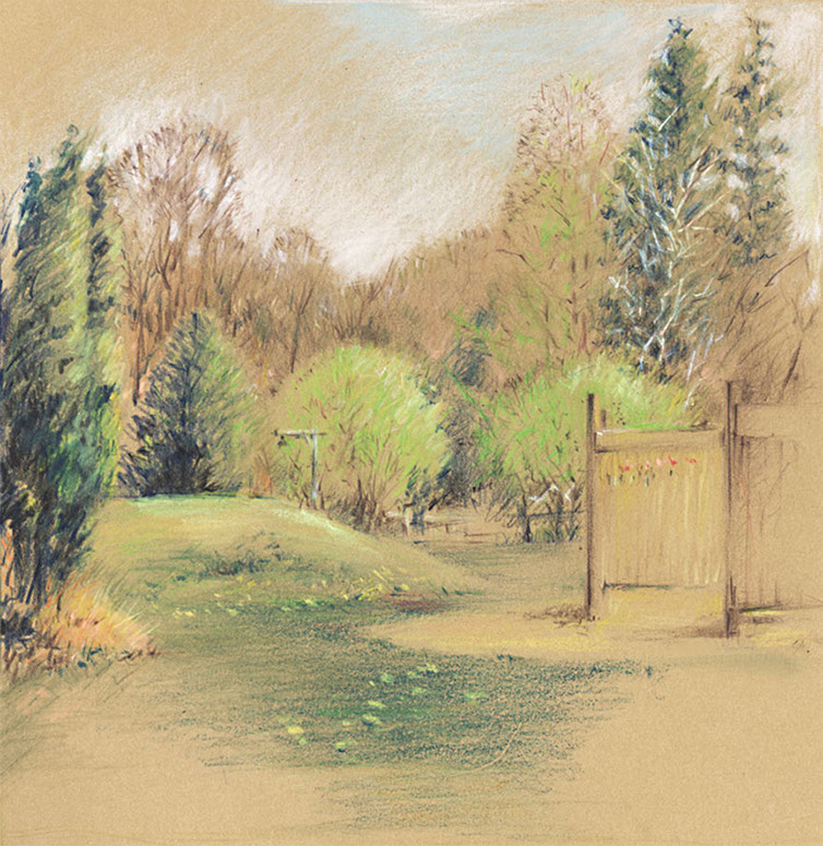 Connecticut Landscape, colored pencils on kraft-colored paper