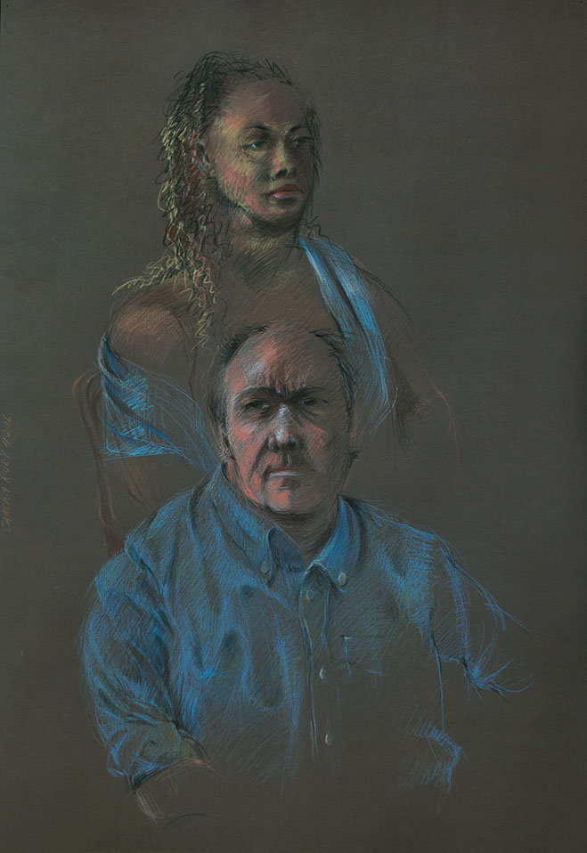 Sitting female and male figures, Mocha&nbsp; Canford Paper 20.5" x 30.5", Colored Pencils