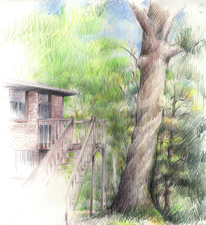 Colored pencil landscape drawing: Camp Joslin, Charlton, Massachusetts