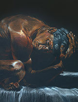 Crouching nude male figure, colored pencils on black Stonehenge paper