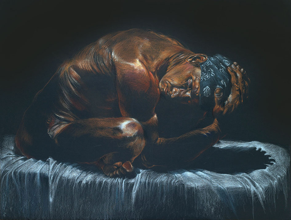 Crouching nude male figure, colored pencils on black Stonehenge paper
