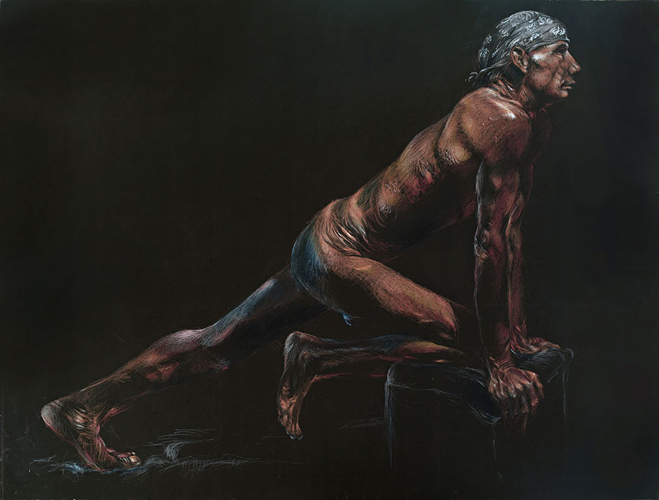 Athletic nude male figure, colored pencils on black Stonehenge paper