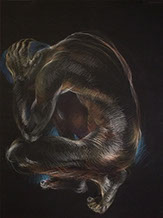 Crouching male nude figure on black Stonehenge paper, Derwent Studio Pencils