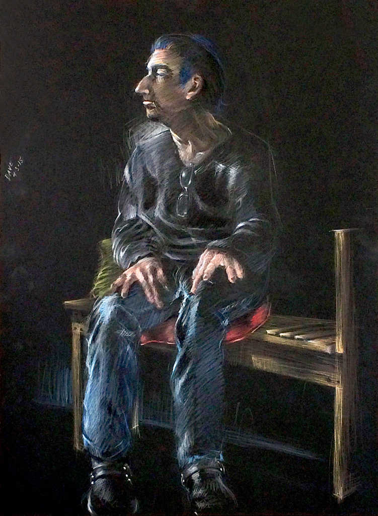 Sitting male figure, Black Stonhenge Paper, Derwent Studio Pencils