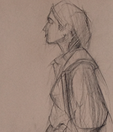Standing clothed female figures, various brown tinted drawing papers, vine charcoal, brush and ink