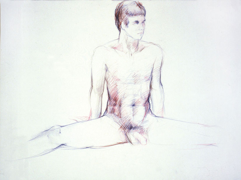 Nude male dancer, doing split, Derwent Studio Pencils