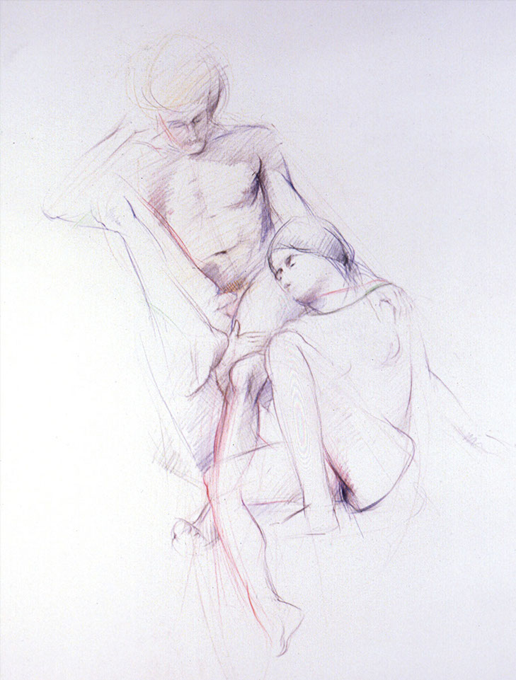 Male and female nude figure drawing: colored pencils