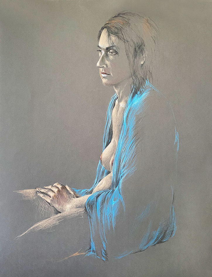 Seated, nude female figure, colored pencils 