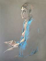 Seated, partly nude female figure, colored pencils