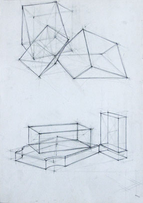 Freehand drawing of triangular solids, rectangular solids, in pencil