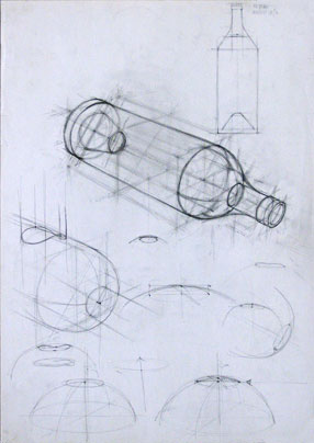 Freehand drawings of bottle, in pencil