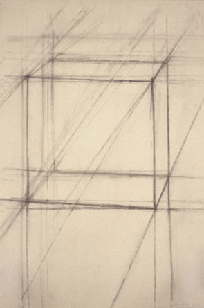 Freehand drawing of a cube in charcoal