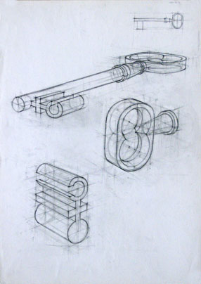 Freehand drawings of latchkey, in pencil