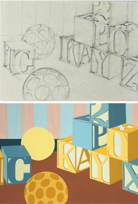 Drawings from memory, in pencil, gouache