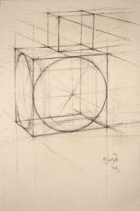 Freehand drawing of a cube with inscribed circles, additional offset smaller cube, in charcoal