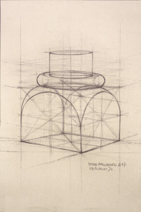 Freehand drawing of inverted architectural capital, in charcoal