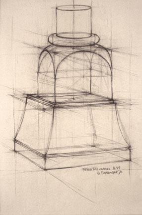 Freehand drawing of inverted architectural capital, in charcoal