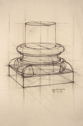 Freehand drawing of inverted architectural capital, in charcoal