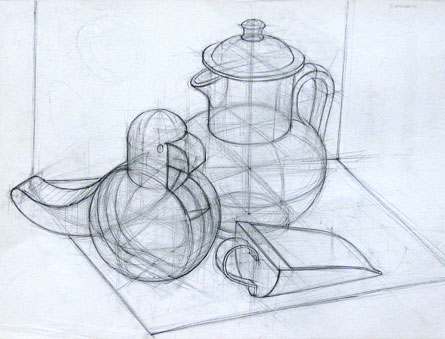 Freehand drawings of household objects, in pencil