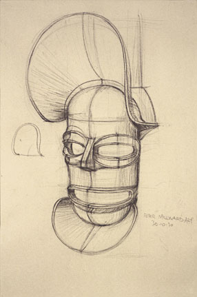 Freehand drawing of African mask, in charcoal