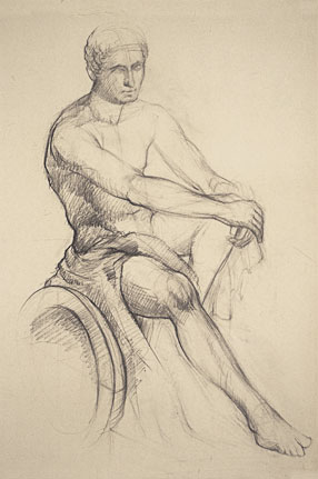 Freehand drawing of antique plaster cast, in charcoal