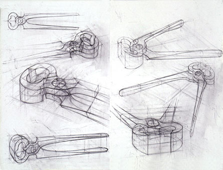 Freehand drawings of pliers, in pencil