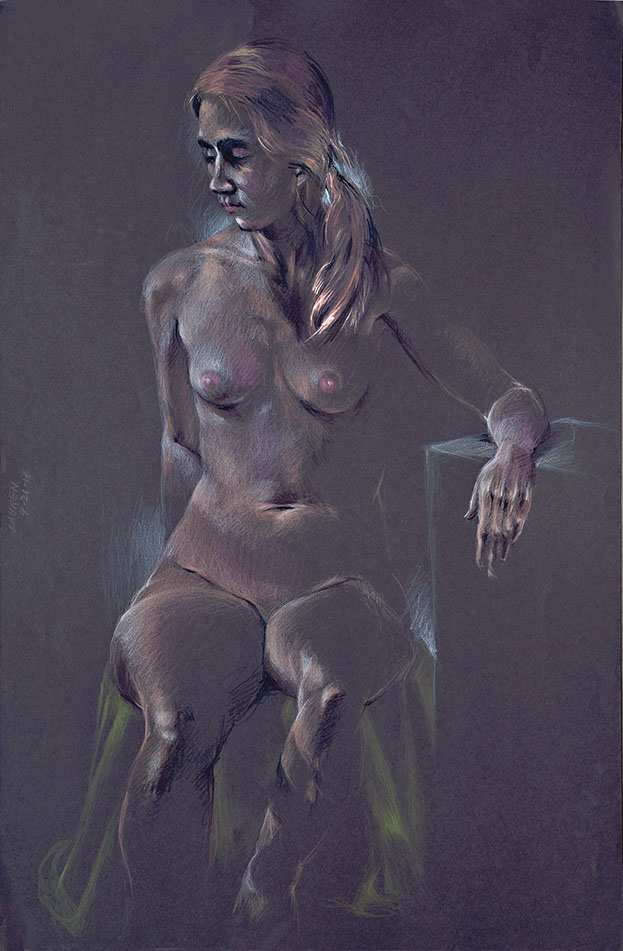 Young seated female nude figure, colored pencils on Canford mocha paper, 21" x 31"