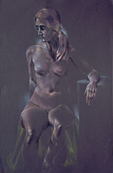 Young seated female nude figure, colored pencils on Canford mocha paper, 21" x 31"