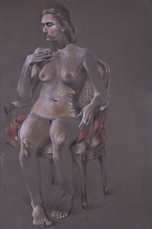 Young, seated nude female figure, colored pencils on Canford mocha paper.