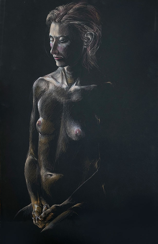 Seated female nudee on Black Stonehenge paper, Colored Pencils