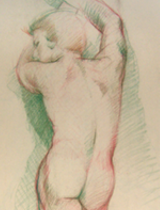 Male nude figure drawings: vine charcoal, Derwent Studio Pencils, colored chalks