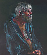 Seated elderly man in a robe, Mike, with military dogtags on Stonehenge black paper, 22" x 30"