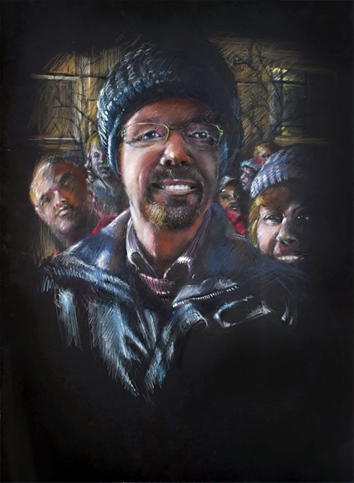 Self-portrait with parade crowd, colored pencils and chalks