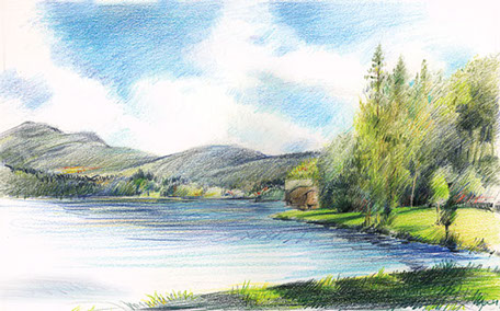 Colored pencil drawing: Pontoosuc Lake, Pittsfield, Masschusetts.