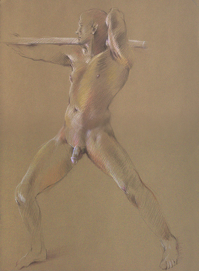 Standing nude male figure,&nbsp; Kraft Stonehenge paper, Derwent Studio pencils