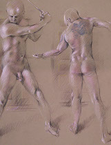 Standing nude male figures, tattooed burn Kraft Stonehenge paper, Derwent Studio pencils