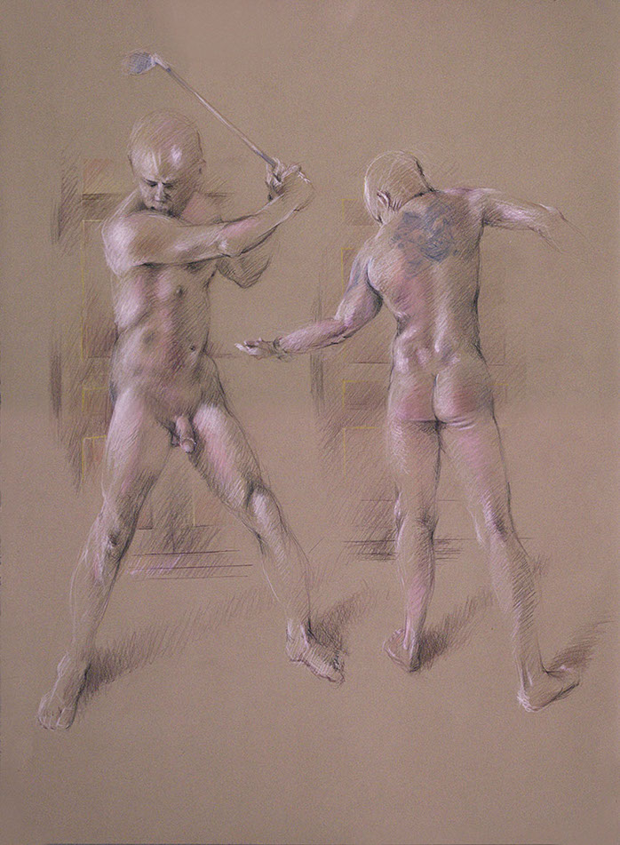 Standing nude male figures, tattooed burn Kraft Stonehenge paper, Derwent Studio pencils