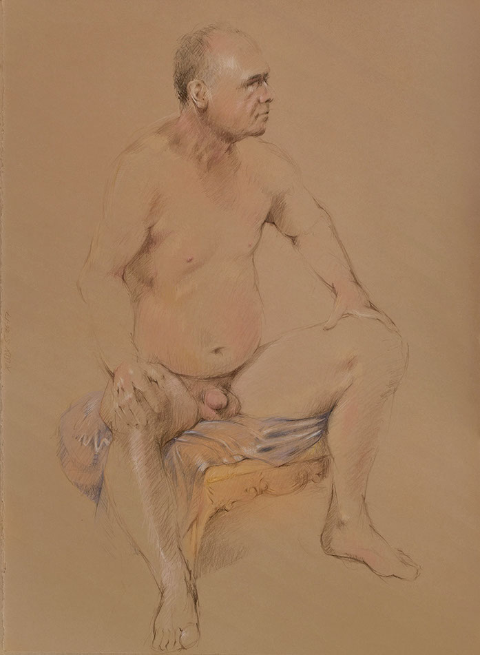Seated mddle-aged nude male figure,&nbsp; Kraft-colored Stonehenge paper, Derwent Studio pencils