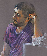 Portrait of seated younger man, with his head resting on his hand.