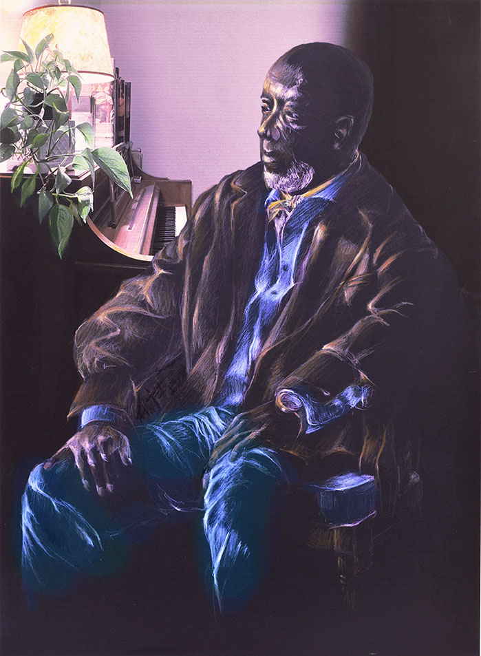 Portrait of seated older man beside upright piano.