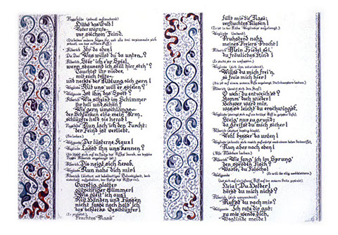 Calligraphy exercise in pen and tempera: First scene of "Das Rheingold"