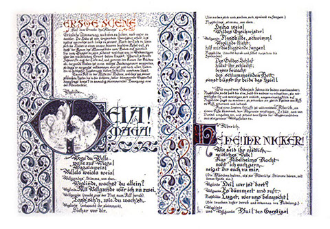 Calligraphy exercise in pen and tempera: First scene of "Das Rheingold"