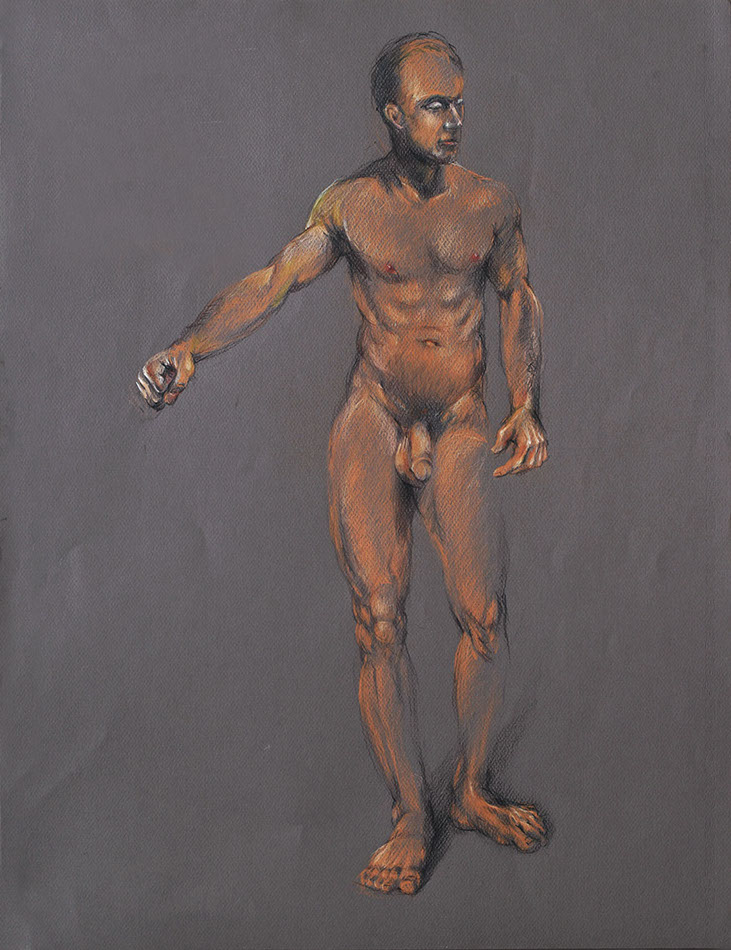 Muscular standing male nude figure: Scott, 2019; colored pencils; 19.5:" x 25.5" on dark gray Canson paper.
