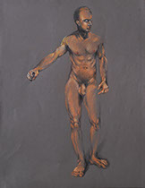 Muscular standing male nude figure: Scott, 2019; colored pencils; 19.5:" x 25.5",&nbsp; on dark gray Canson paper.