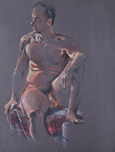 Seated male nude figure: Scott, 2019; colored pencils; on Canson dark gray paper 19.5" x 25.5"
