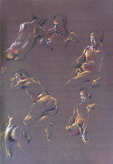 Male nude figures: Scott, 2017; 10 and 20 minutes each: colored pencils; Canford mocha paper, 30" high
