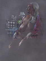 Portly female nude figure: Susan, 2020;&nbsp; colored pencils on Canson dark gray paper; 19.5" x 25.5"