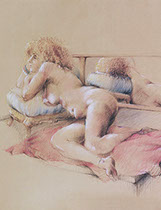 Reclining female nude figure: Tracey; Derwent Studio pencils on Stonehenge Kraft-colored paper